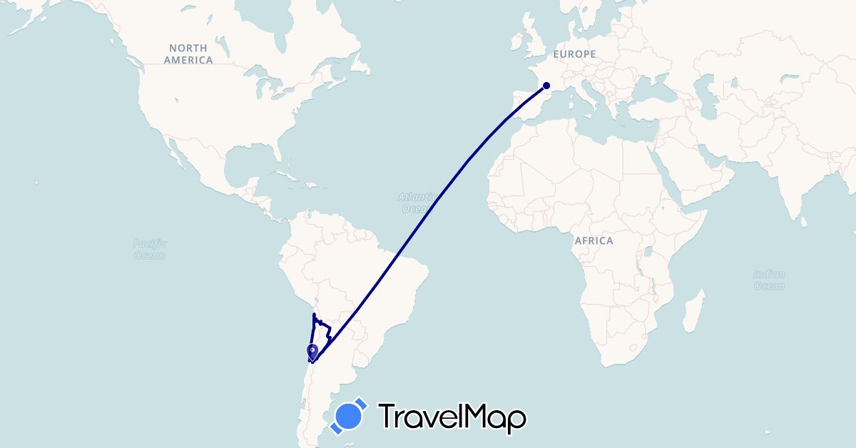 TravelMap itinerary: driving in Argentina, Chile, France (Europe, South America)